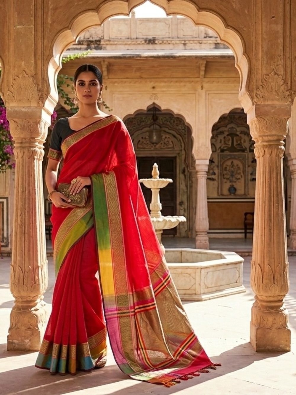 Exquisite Handloom Silk Cotton Maheshwari Saree with Designer Border